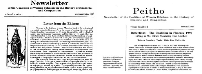 Figure 1: The first two issues of the Newsletter of the Coalition of Women Scholars in the History of Rhetoric and Composition, published in 1996 and 1997. Image description: a screenshot of the first issue of “Newsletter of the Coalition of Women Scholars in the History of Rhetoric and Composition.” “Newsletter” is centered in large serif font at the top. “Volume 1 number 1” is at the top left, and “autumn/winter 1996” is at the top right, both in all lowercase. On the left side of the image is the image of Rhetorica from the Mantegna Tarocchi: a woman in robes and a crown, holding a scepter, flanked by two young children blowing horns. To the right of the Rhetorica image is a block of text titled “Letter from the Editors.”