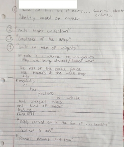 Figure 3. Image description: a piece of notebook paper with a doodle of an eye with long, thick lashes at the top right. The notes, written in black ink, have the heading “1910-1960” and a list of phrases. 