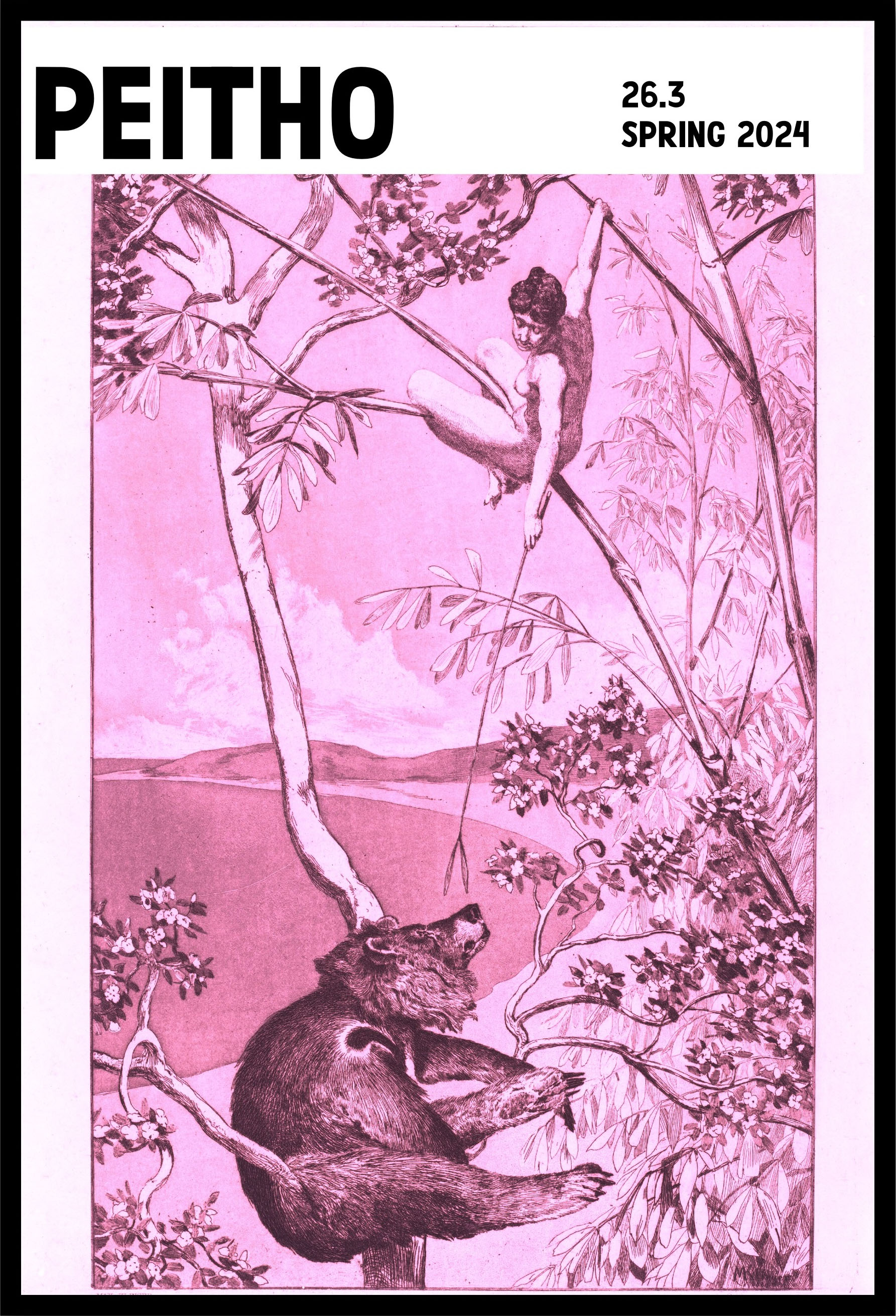 A print (etching and aquatint) showing an elf woman in a tree. She is nude and is using a long branch to point downward at a bear who is looking up at her. In the background are other leafy branches and a scenic cove. The print has a pink tint, and at the top left is the word Peitho. At the top right is written '26.3 Spring 2024.' Around the whole image is a black frame. The original art is by Max Klinger and is titled Bear and Elf (Bär und Elfe). It was created in 1881 and is in the National Gallery of Art's public domain collection of images.