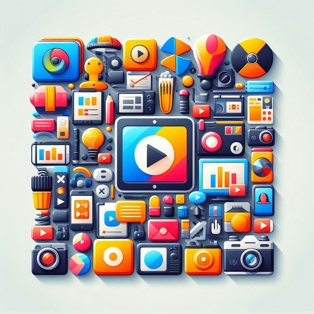 A square arrangement of colorful digital-media icons--including a central play button, speech bubbles, charts, mobile devices, a camera, headphones, and other multimedia symbols--designed in bright blue, orange, yellow, and pink tones on a light background