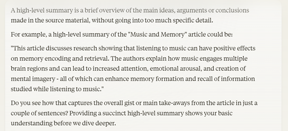 A screenshot of an interaction with Claude 3. Claude/the tutor explains a high-level summary and provides an example from the article the student just provided. Claude/the tutor asks if the student sees how it captures the overall gist of the piece.