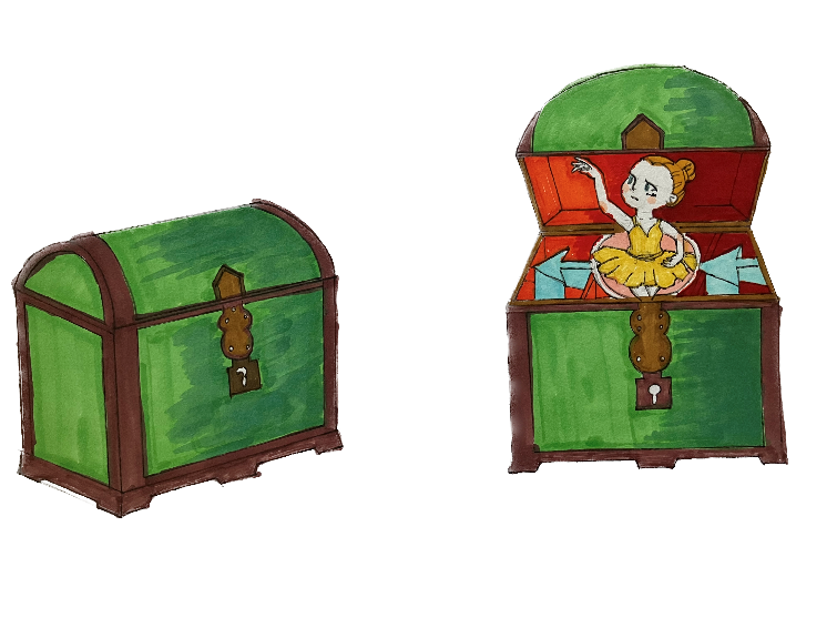 Two illustrations of a green treasure chest: one closed with brown trim and a gold latch, and the other one opened, revealing a small doll-like figure inside a patterned interior.