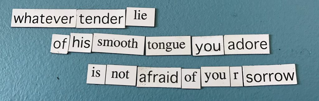Magnetic poetry that says “whatever tender lie / of his smooth tongue you adore / is not afraid of your sorrow.”